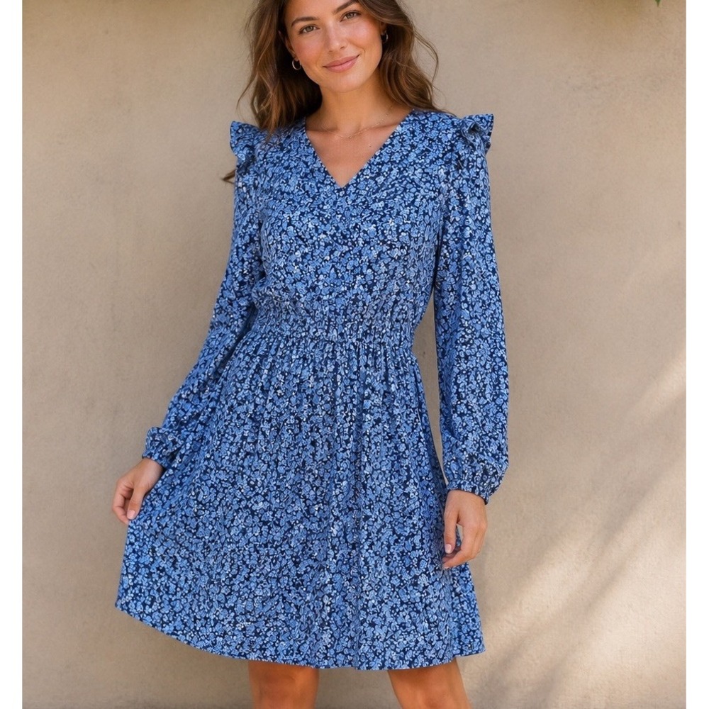 J.Crew Floral Cottagecore Ruffle Shoulder Dress XXS Blue Cotton Fall Boho Midi